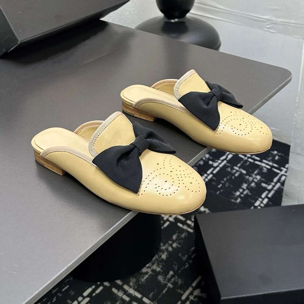New Women Size34-41 Genuine Leather Mules Low Heels Butterfly Knot Slippers Round Toe Designer Shoes Zapatillas De Mujer