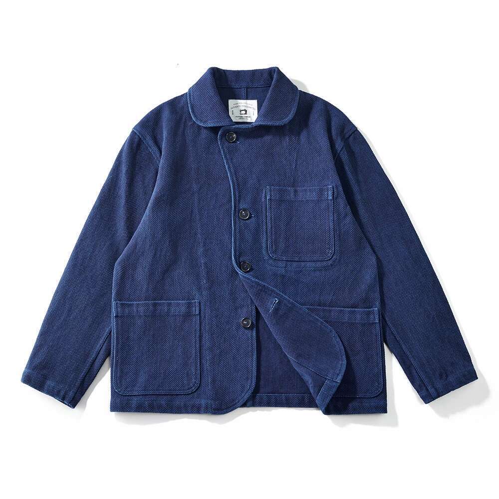 Heavy Weight Indigo Men Autumn Winter Vintage Workwear Tooling Jacket Blue Dyed Kendo Fabric Multi-pocket Cardgian Coat