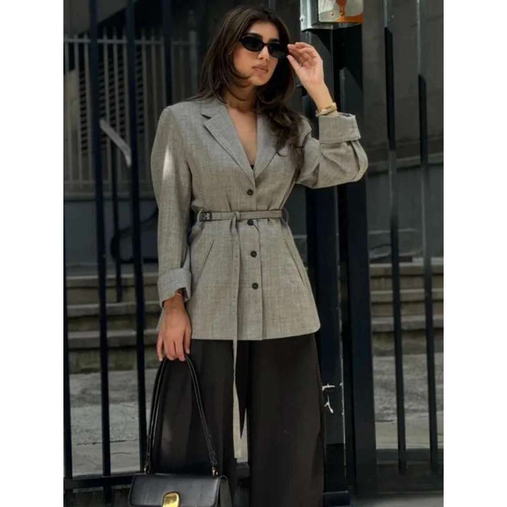ZBZA Women Slim-fit Blazer with Belt Lapel Long Single Breasted Solid Sleeve Button Leisure Jacket Fall Winter Chic Coat
