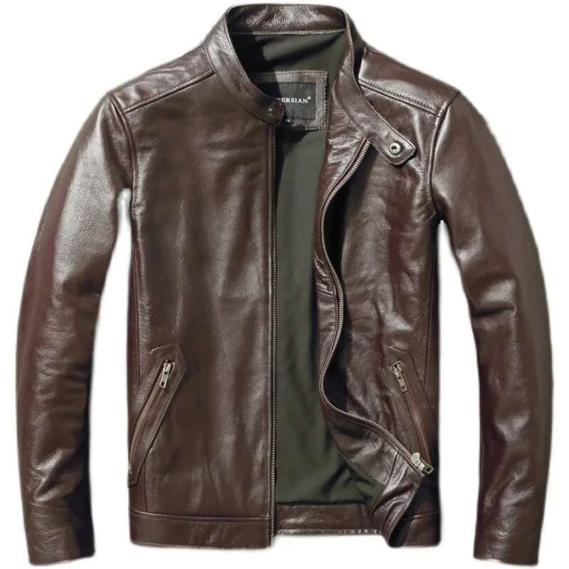 Top Layer Cowhide Fashion Slimfit Stand Collar Leisure Bomber Jacket 100% Genuine Leather Men's Vintage Short Zipper M