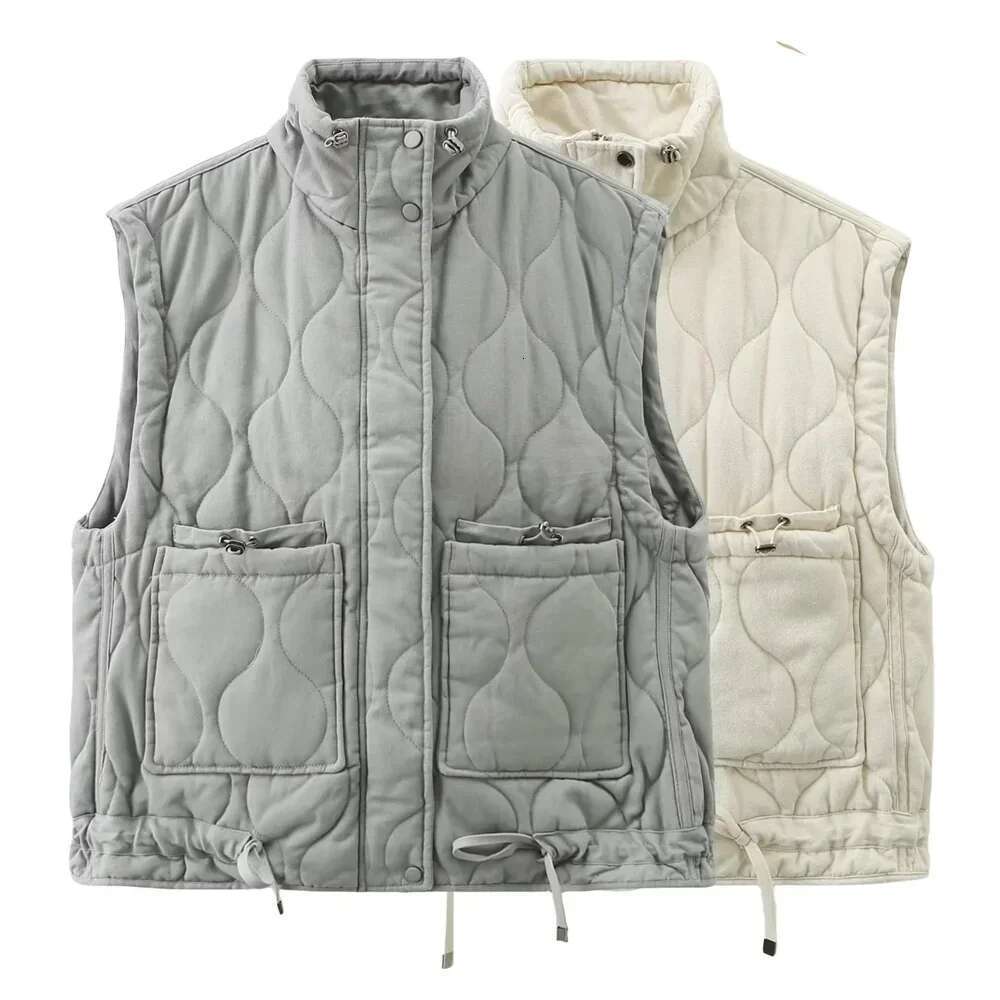 New Women's Versatile Sleeveless Stand Up Collar Pocket Decoration Cotton Vest Loose Shoulder Jacket
