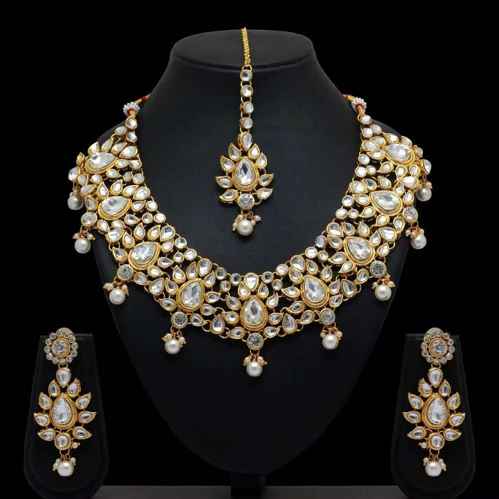 Traditional Kundan earrings necklace&Maang Tikka white imitation pearl women's alloy jewelry set wedding party gift
