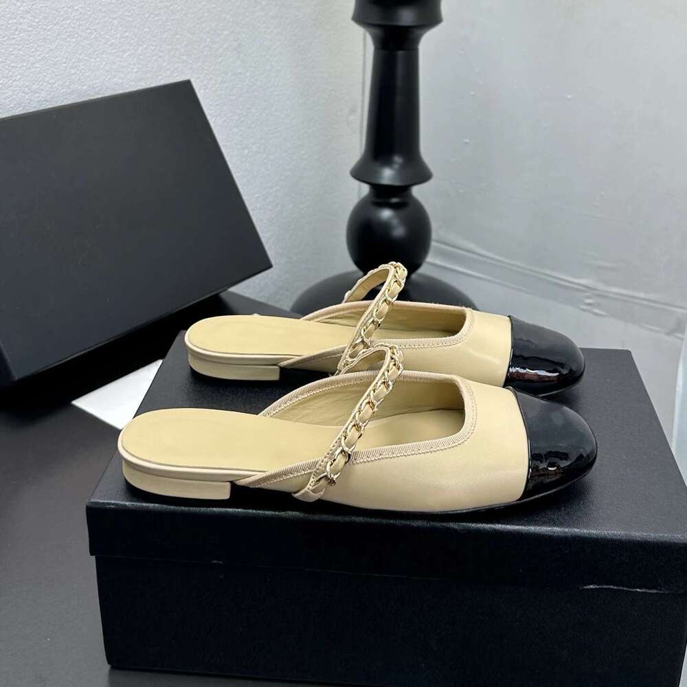 Women Size35-41 Genuine Leather Mules Low Heels Chain Slippers Round Toe Summer Slides Designer Shoes Zapatillas De Mujer