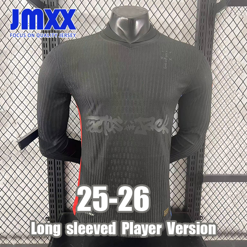 JMXX 25-26 Barcalonaes Cactus Jack Soccer Jersey Away Black Long Sleeve Player Version Pre Match Mens Uniforms Man Jerseys Football Shirt 2025 2026