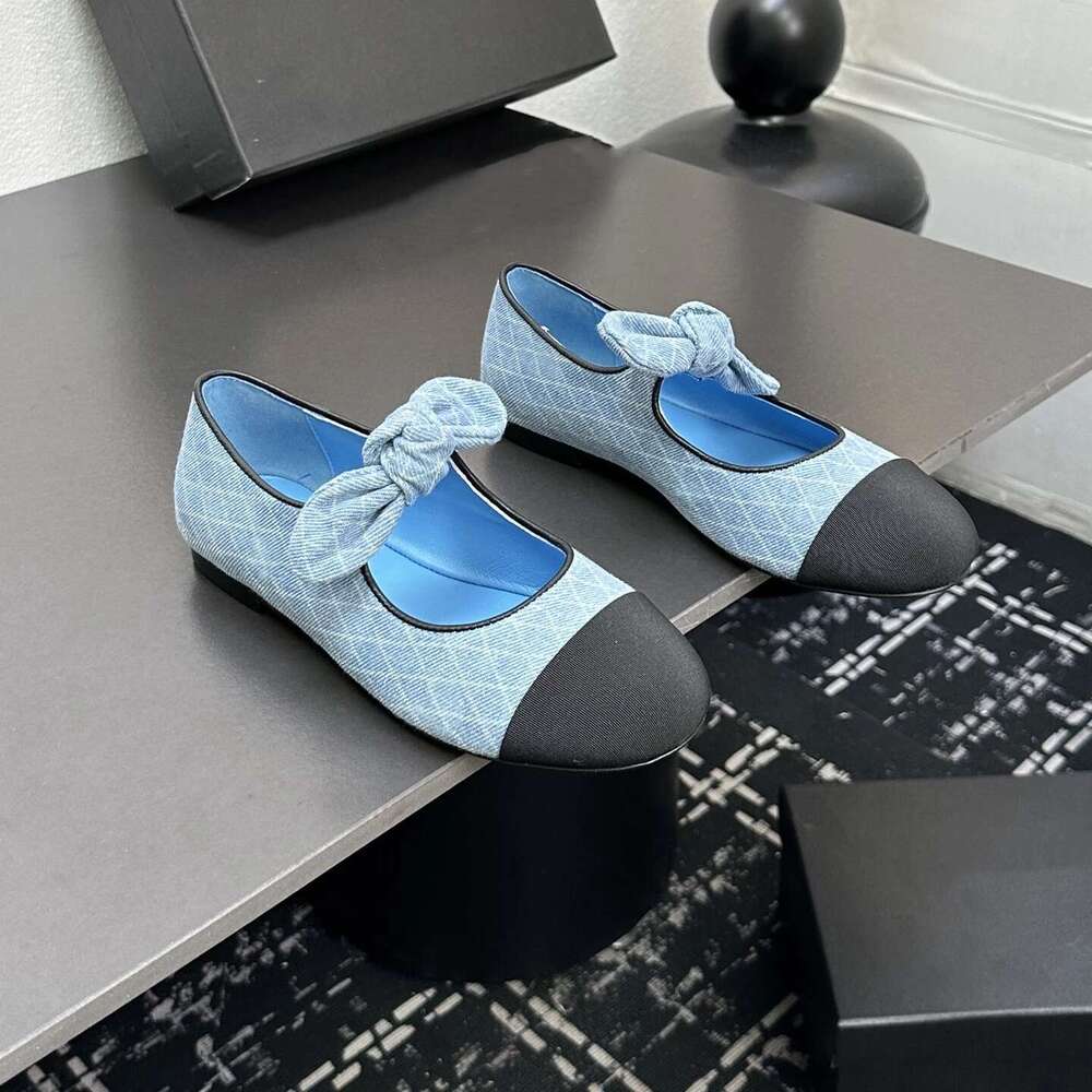 Women Size35-41 Denim Ballet Flats Butterfly Knot Mary Janes Round Toe Leisure Slip On Designer Shoes Zapatillas De Mujer