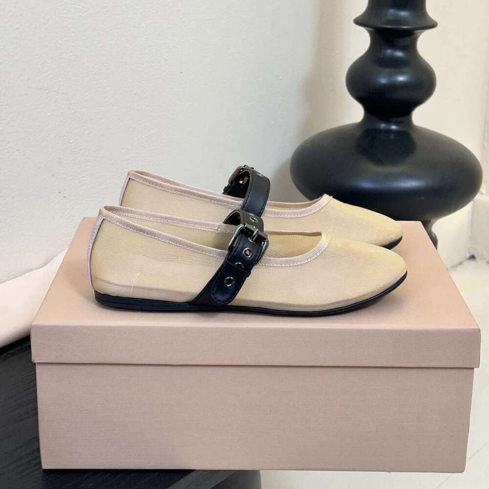 Women Mesh Flats Mary Jaens Genuine Leather Round Toe Buckle Strap Solid Colors Leisure Designer Shoes Zapatillas De Mujer