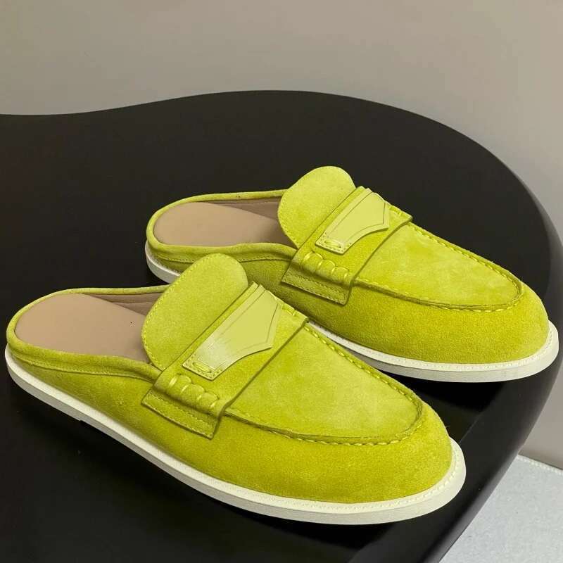 Womens Spring Autumn Leather Slide Mule Shoes Penny Flat Loafers Low Heel Elegant Closed Round Toe Slip On