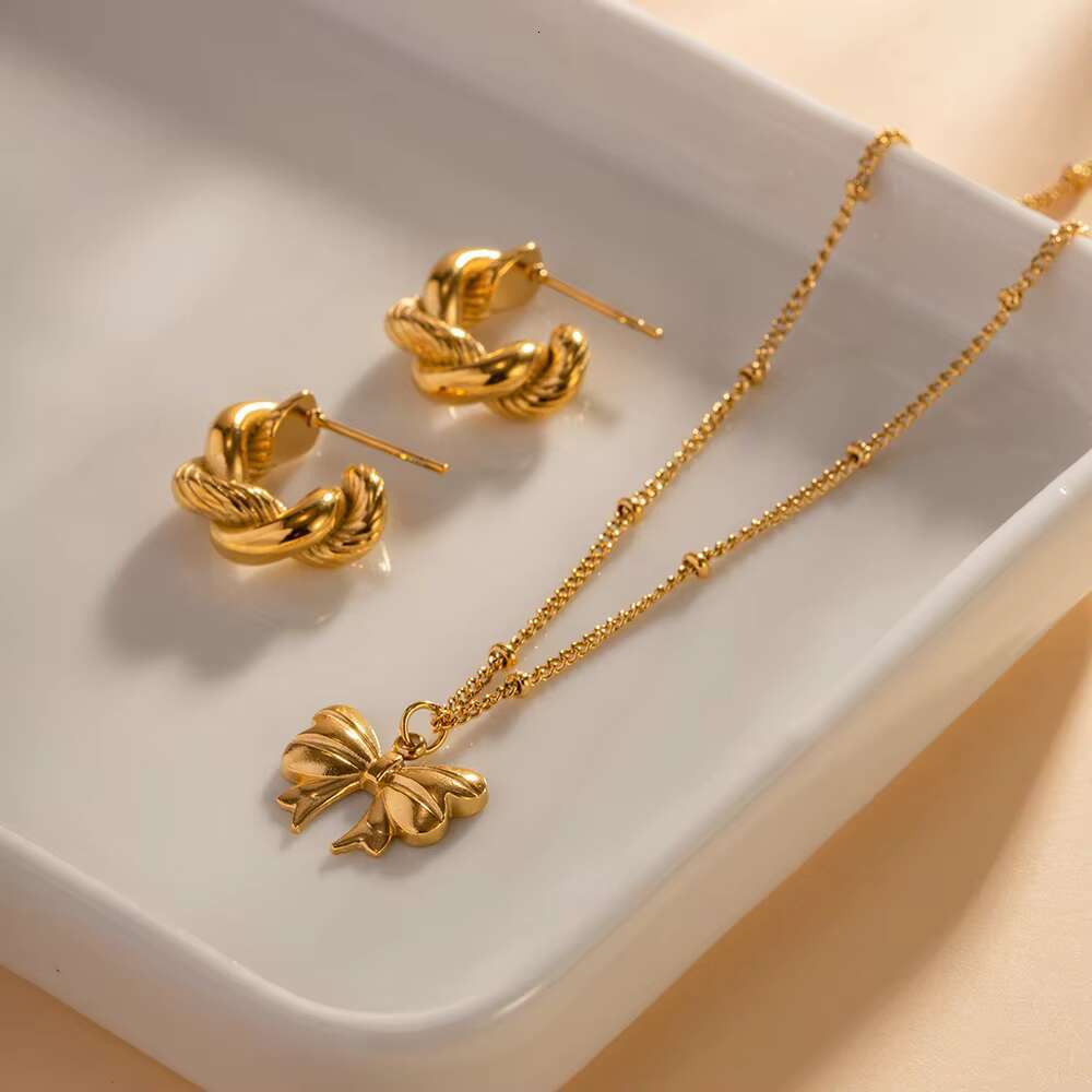 New Gold Plated Charm Stainless Steel Bow Pendant Girl's Necklace