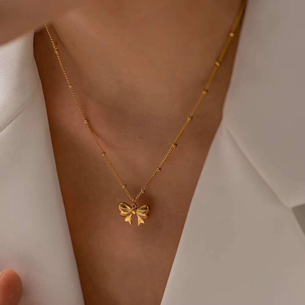 New Gold Plated Charm Stainless Steel Bow Pendant Girl's Necklace