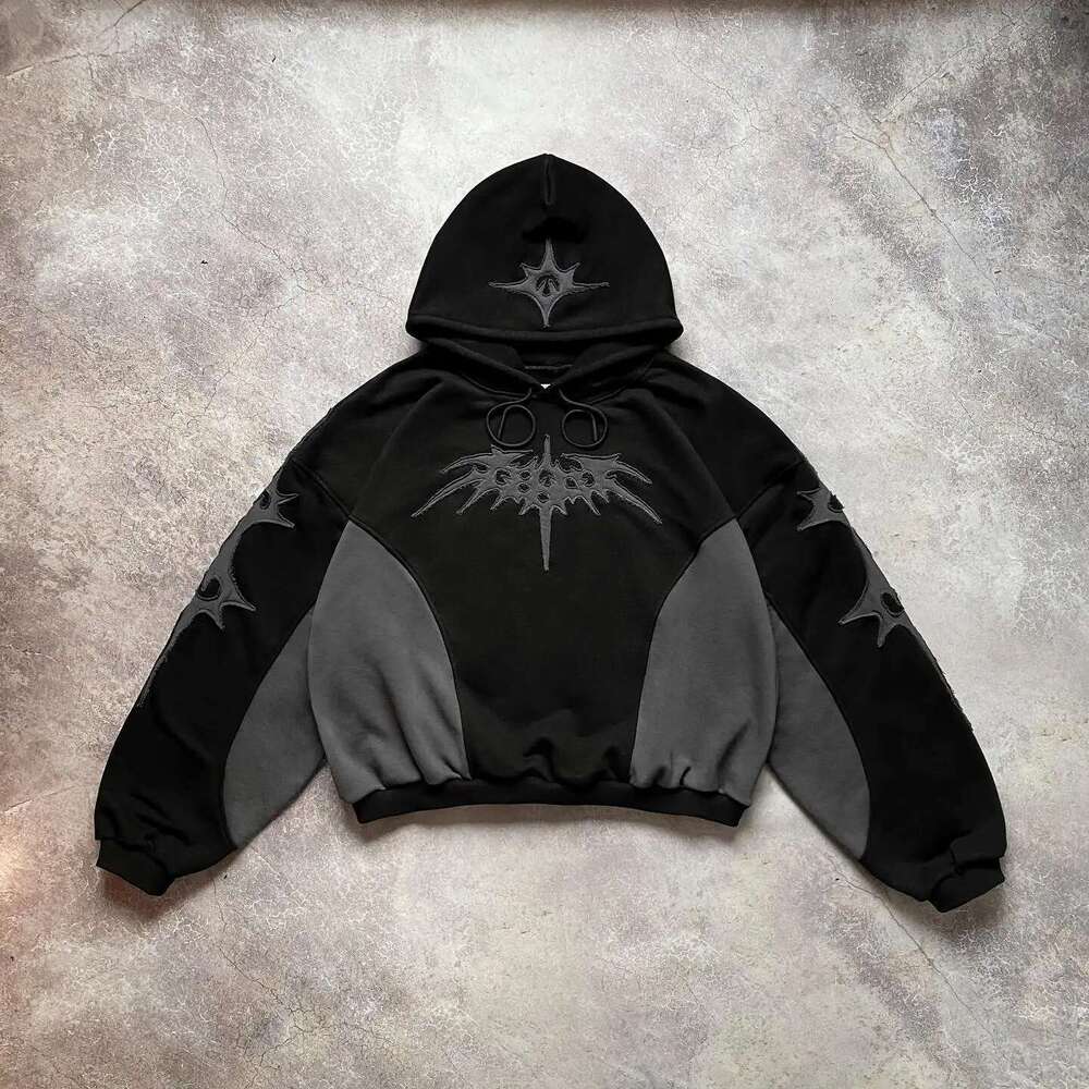 Gothic Retro Embroidery Pattern Black And Gray Ing Oversized Hoodie Men's Y2k New Haruku Hip-Hop Sweatshirt Street Wear Designer