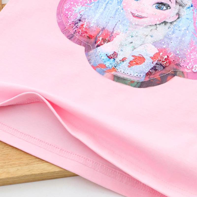 DISNEY Frozen Princess Elsa Kids designer clothes Little girl summer outfit short-sleeved reversible color-changing sequin T-shirt princess top.