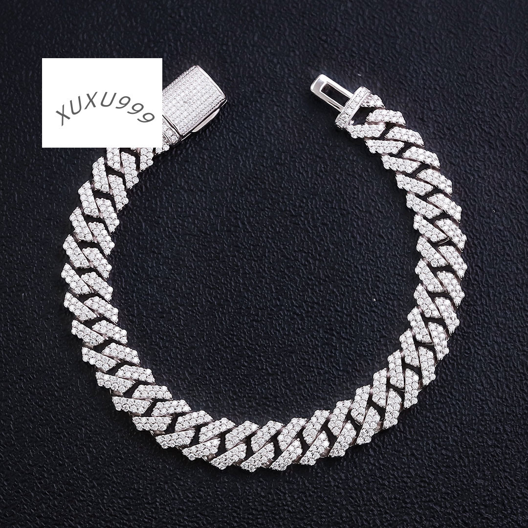 Hip-hop Rap Style Cuban Link Bracelet Chain 925 Sterling Silver Moissanite Diamond 12mm 2 Row Stones Twinkle Jewelry