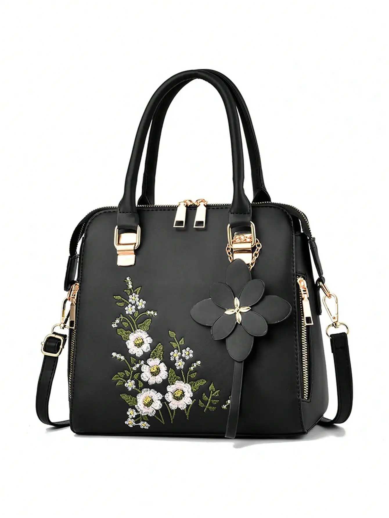Floral detail shoulder bag fashionable zipper work large capacity handbag casual crossbody bagW250512