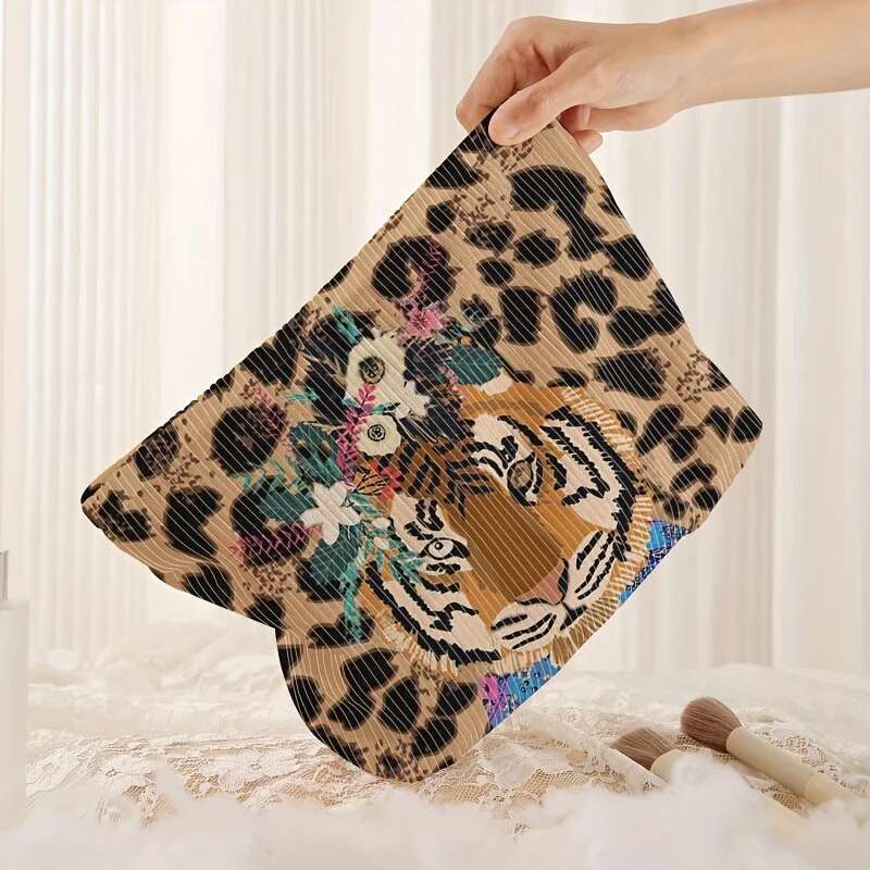Fashionable Tiger Leopard Print Corduroy Makeup Zipper, Lightweight Multifunctional Cosmetic Storage Bag With Lining