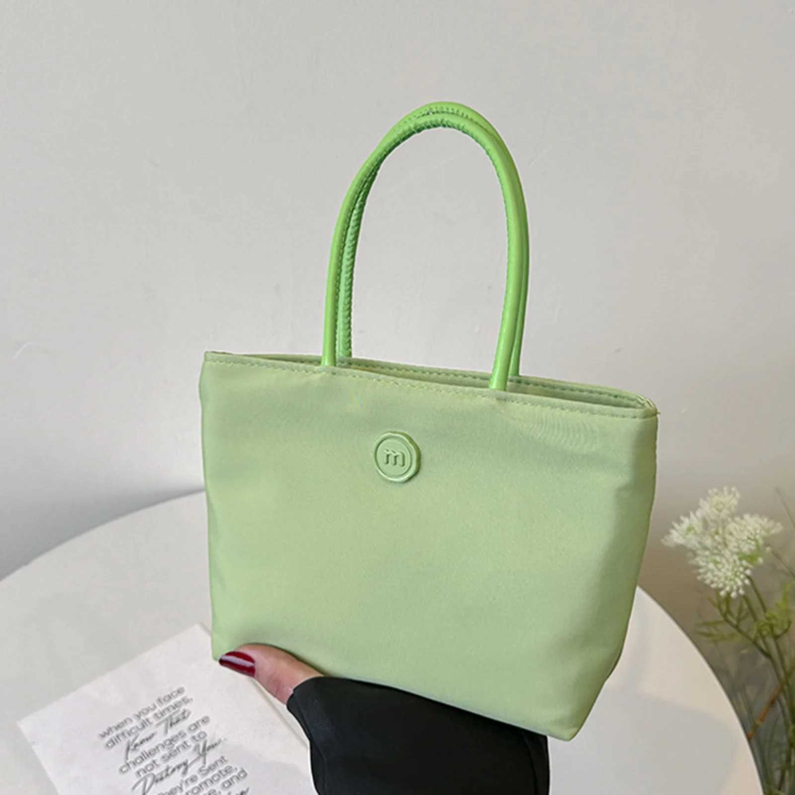 Summer Green Tote Bag Mini Nylon Pink Handbag Korean Fashion Solid Color HandHold Bag Women Girls Shopping Commuting BagW250512