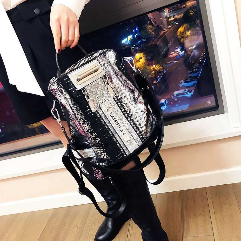 Female Quality Vegan Leather Patchwork Big Capacity Backpack Bag Women Kaishilan Serpentine Travel Casual Big Size Daily Daypack Z250512