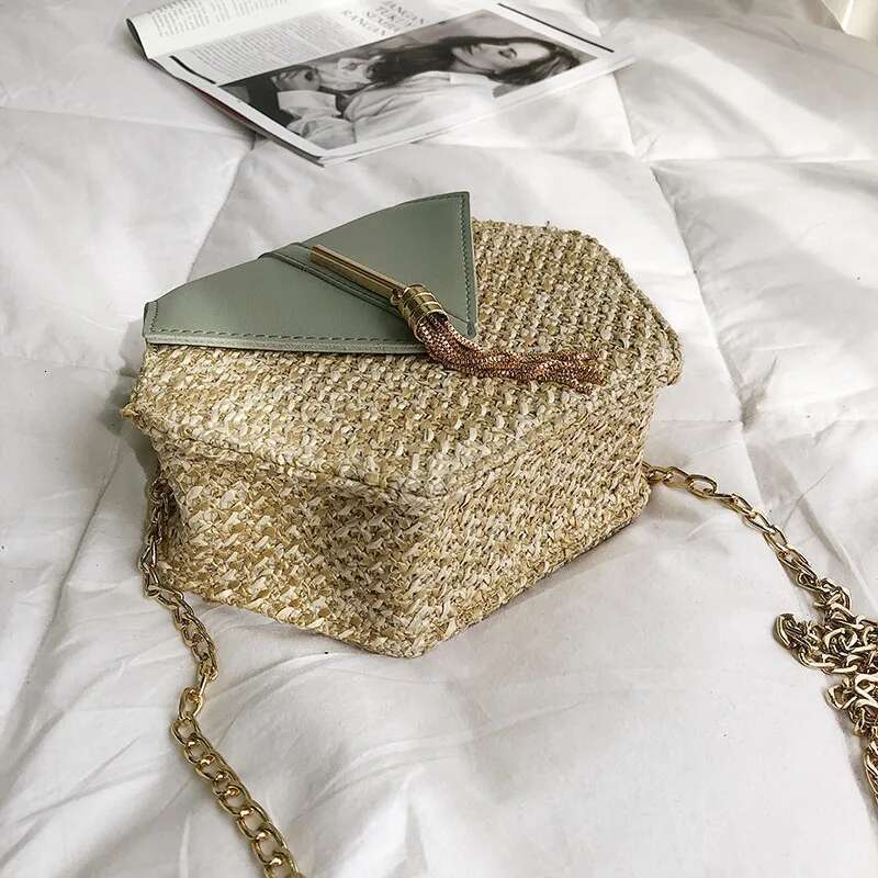 Hexagon Mulit Style Straw+Leather Handbag Women Summer Rattan Handmade Woven Beach Circle Bohemia Shoulder Bag