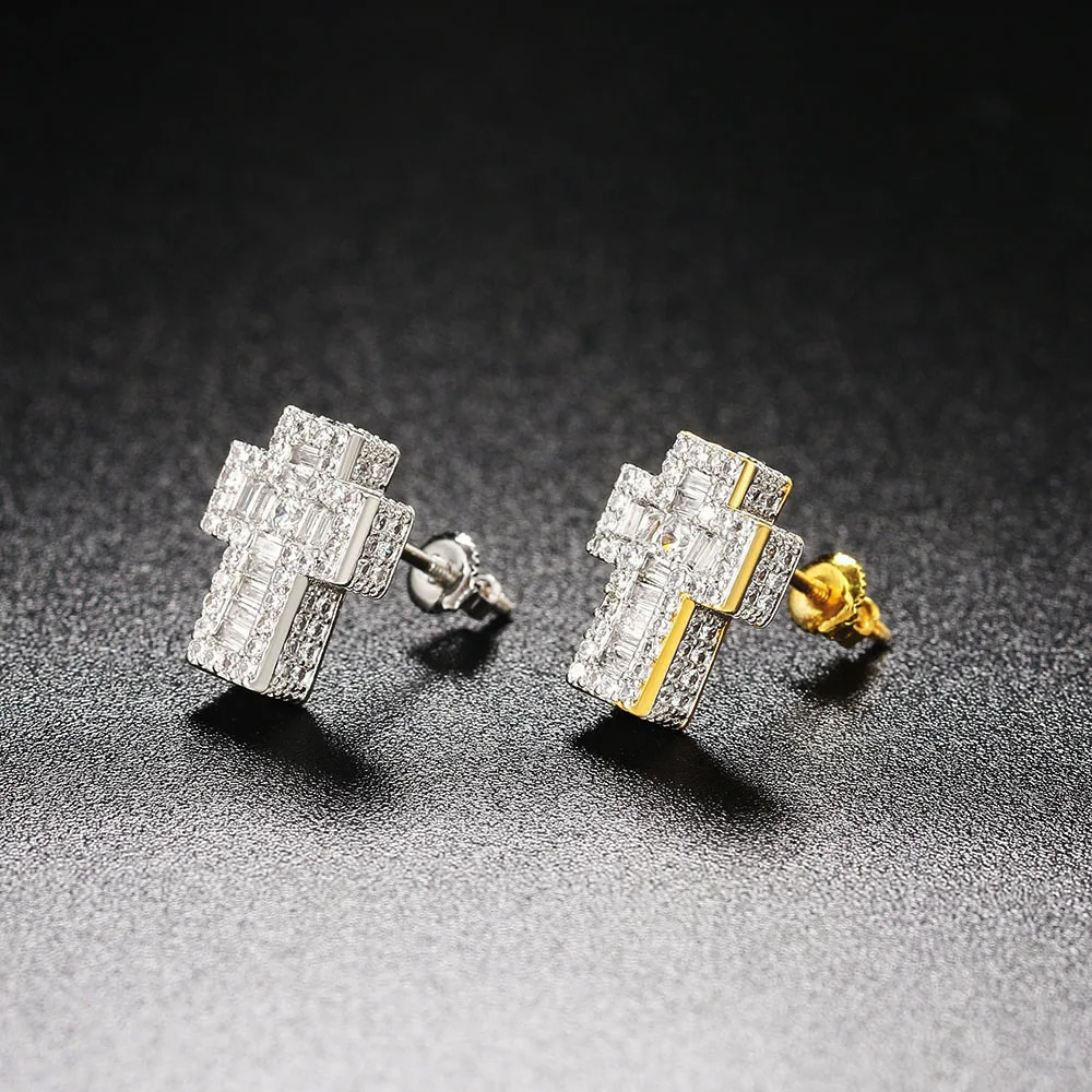 Punk Cross Earrings for Men Iced Out Zirconia Hiphop Stud Earring Gold Color Womens Accessories Fashion Jewellery OHE129 250512