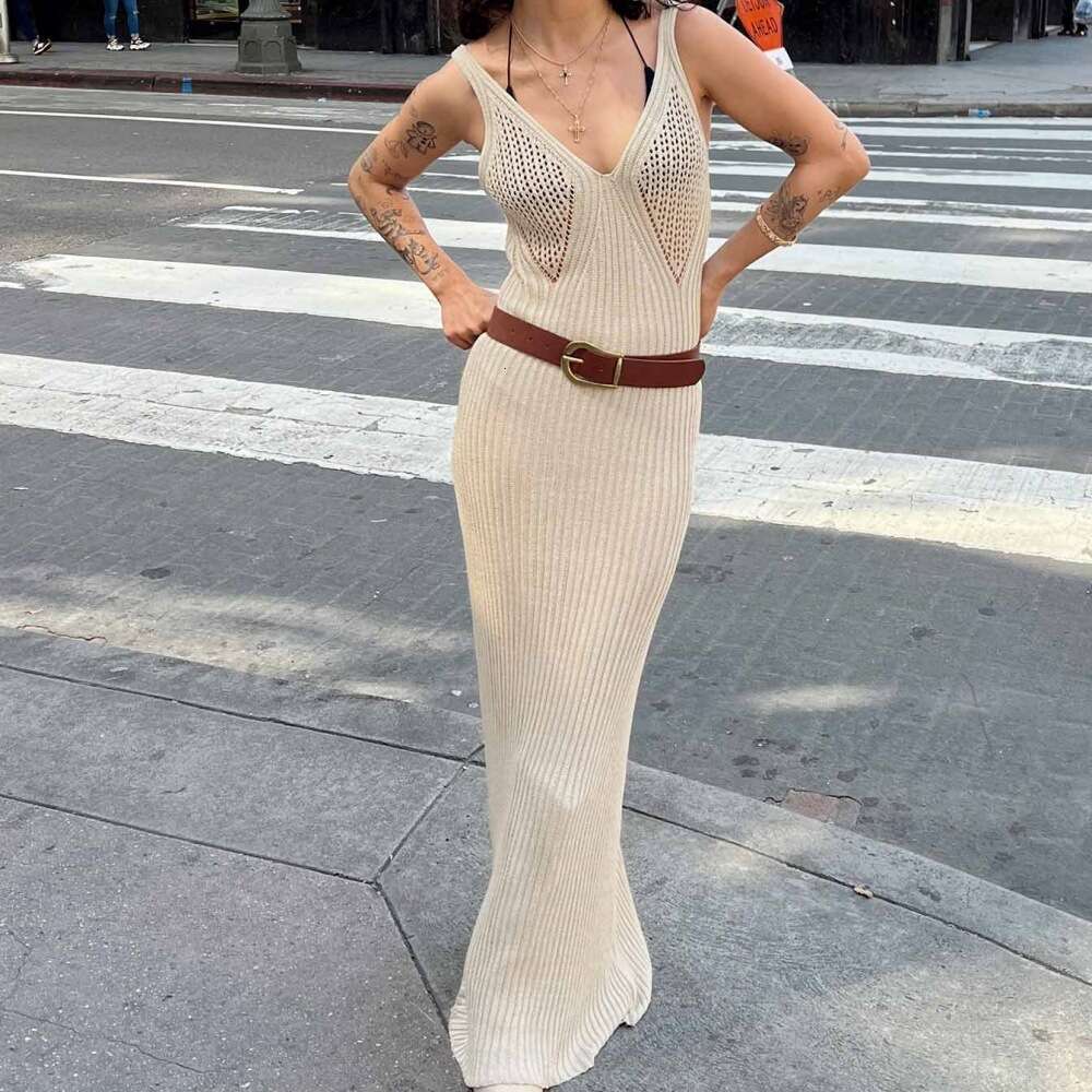 Fashionable plus-size women's clothing summer ins women's new hollowed out see through suspender knitted V-neck sleeveless backless long ski