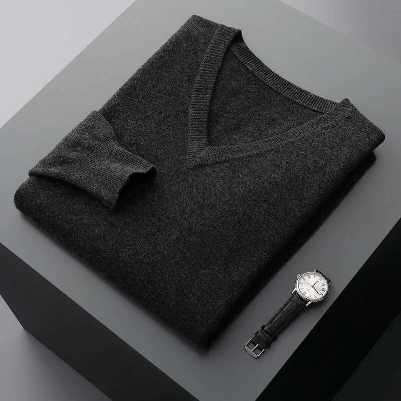 Autumn And Winter New Men's V-Neck Cashmere Loose Thickened Solid Color Wool Knitted Bottoming Shirt Business Casual Sweater-250512