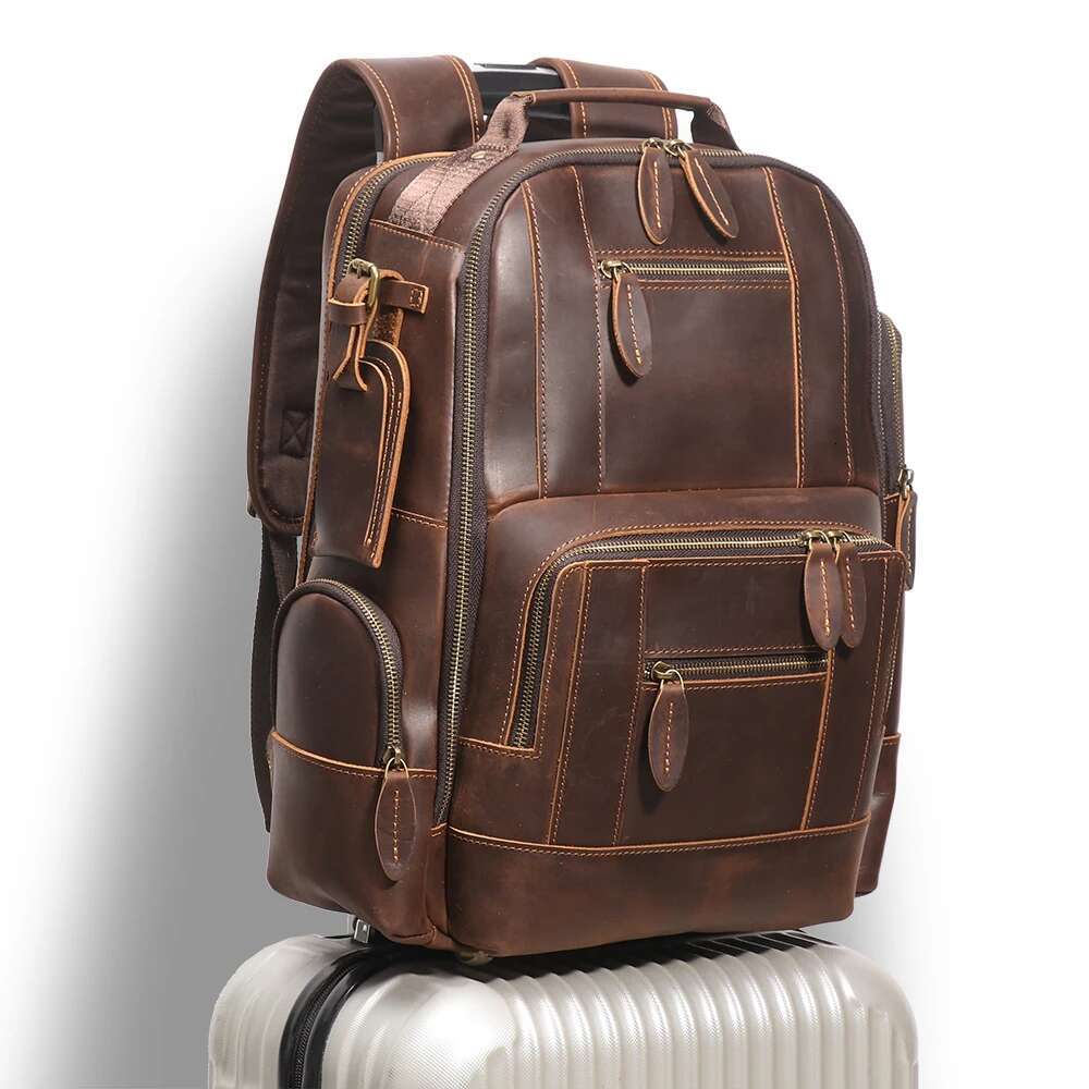 LUOKIR New Genuine Large Capacity Multifunctional Crazy Horse Leather Backpack Travel Business Laptop Bag