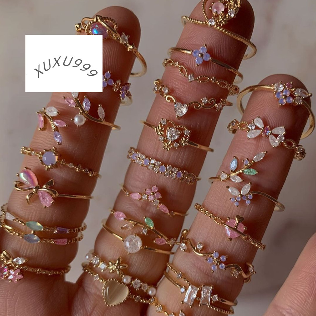 Zirconia Open Adjustable Sweet Cute Flower Heart Butterfly Girl Stacking Brass Ring