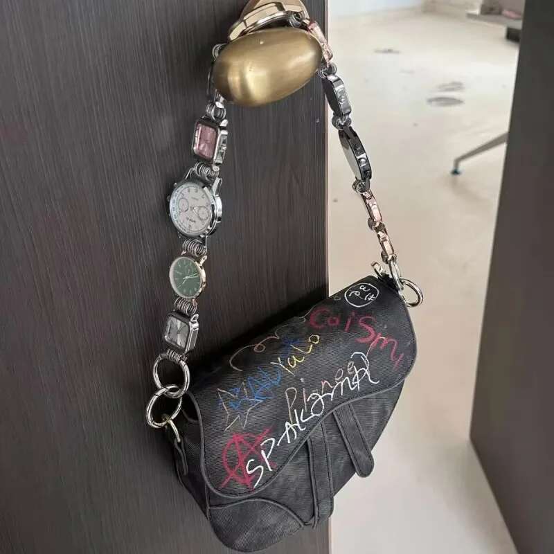 Designer Saddle Women 2025 New In Fashion Chic Metal Watch Strap Shoulder Bag Trend Graffiti Novelty Female Bags