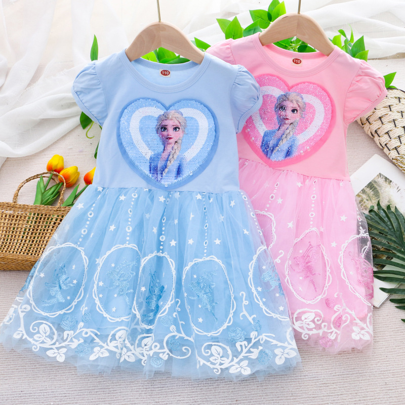 DISNEY Elsa princess dress toddler designer clothes Girls' dress with short sleeves for summer style princess clothes net skirt performance pure 