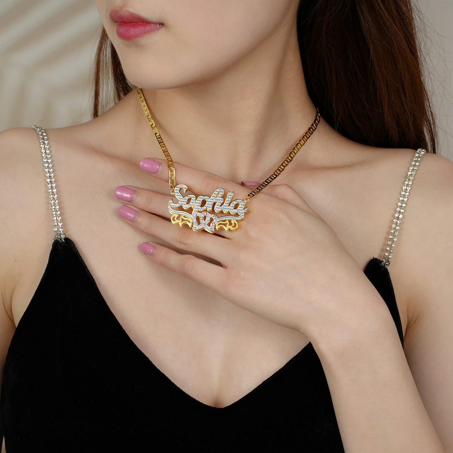 Dascusto Personalized Nameplate Name Necklace Custom 3D Gold Plated Double Diamond Choker Pendant Two-Tone Chain For Women 250512