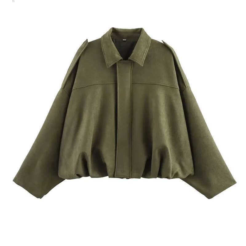 ETJ 2025 TRAF Spring New Women's Suede Texture Effect Loose Version Of Fashion Lapel Shoulder Bomber Jacket