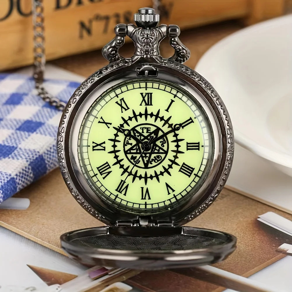 Black Deacon pocket watch anime pocket watch necklace watch dial fashionable quartz watch flip Roman 250512