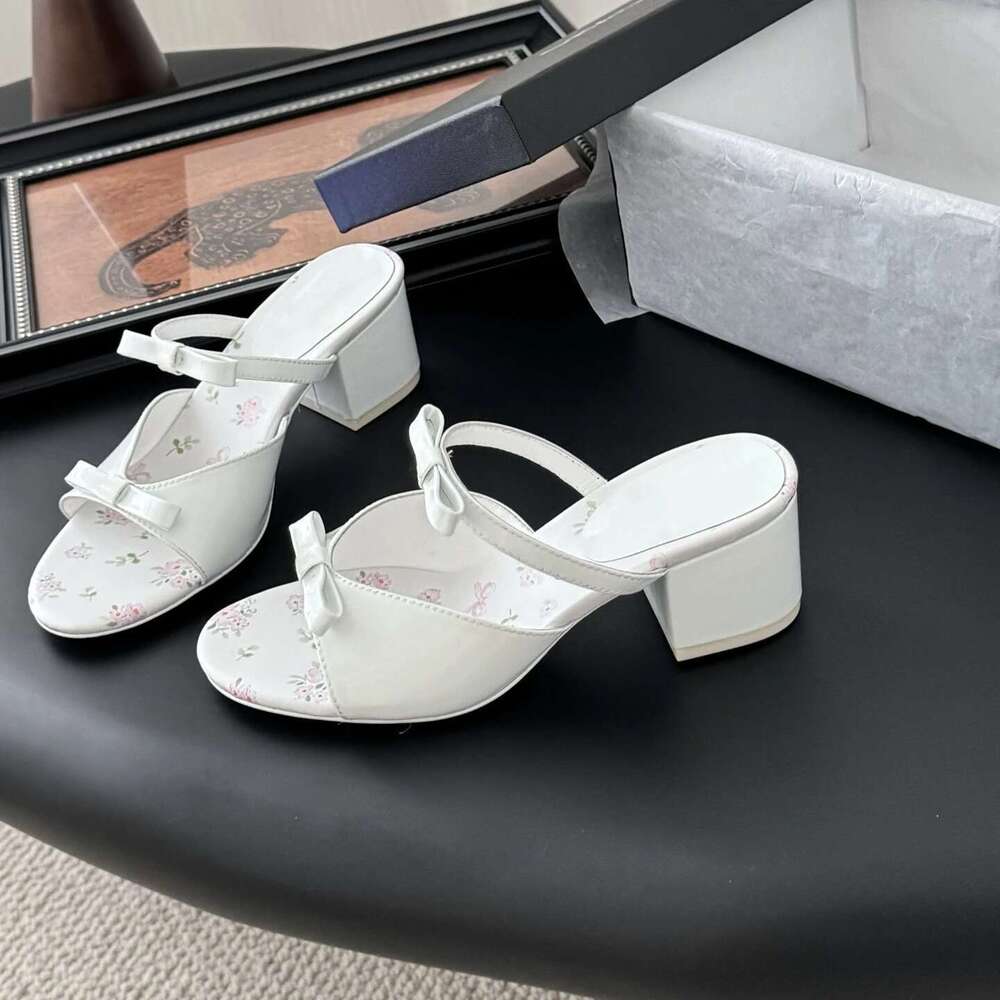 Women Size35-41 Genuine Leather Slippers Med Heels Butterfly Knot Summer Slides Prints Designer Shoes Zapatillas De Mujer