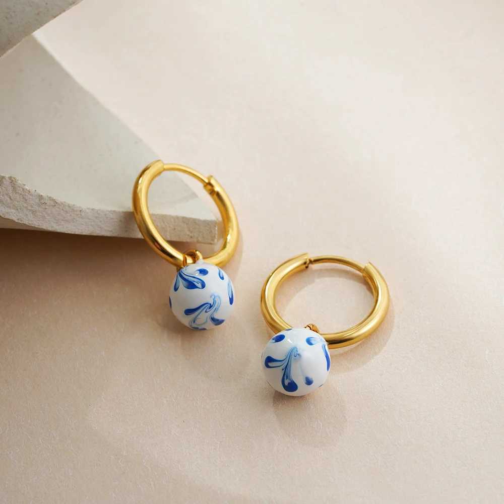 Vintage White Blue Flower Enamel Beads Hoop Earrings for Women Gold Plated Stainless Steel Huggies Earring Creative Jewelry Gift Y250510