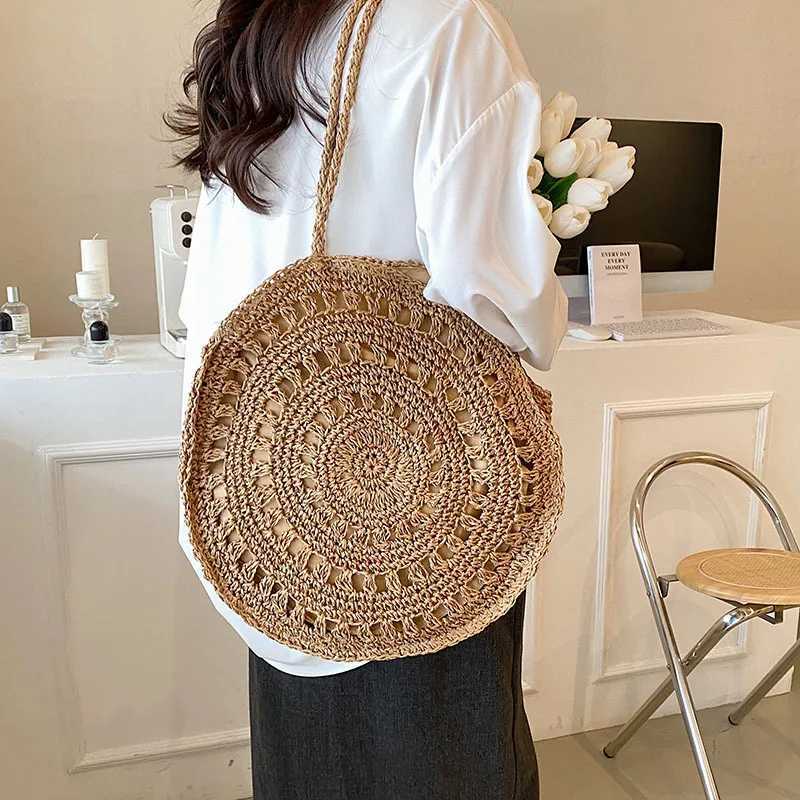 Bohemian Straw Woven Shopper Tote Women Travel Beach Bag Summer Knitted Underarm Shoulder Bag Handmade Woven Hollow HandbagW250512