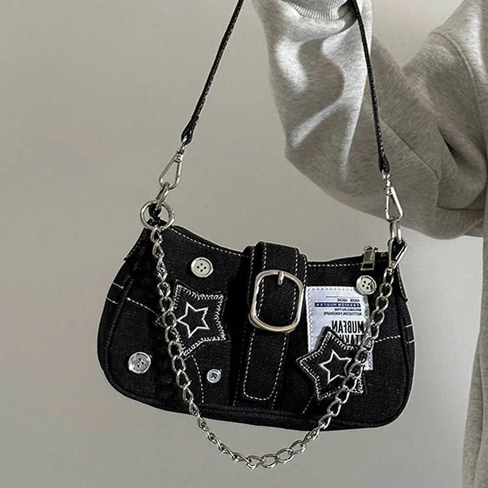 Women Cool Style Tote Purse Large Capacity Y2K Star Denim Underarm Bag Vintage Armpit Bag Solid Color Simple Commuting BagXJ250512