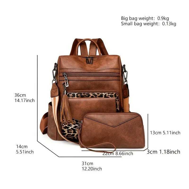 Vintage Womens Backpack Large Capacity Leopard Print Block Design with Tassel Stain-Resistant Leather Z250512