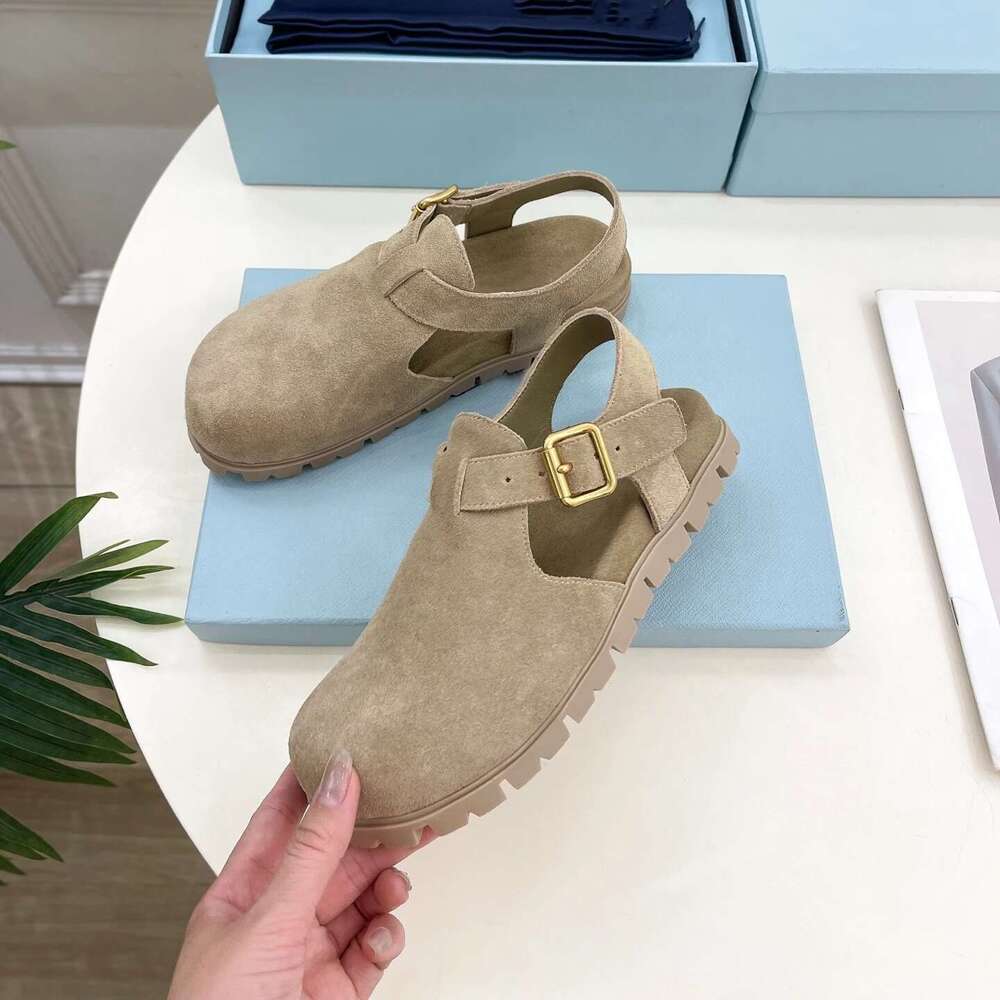 Women Size35-42 Natural Cow Suede Sandals Beach Flats Round Toe Buckle Strap Leisure Designer Shoes Zapatillas De Mujer