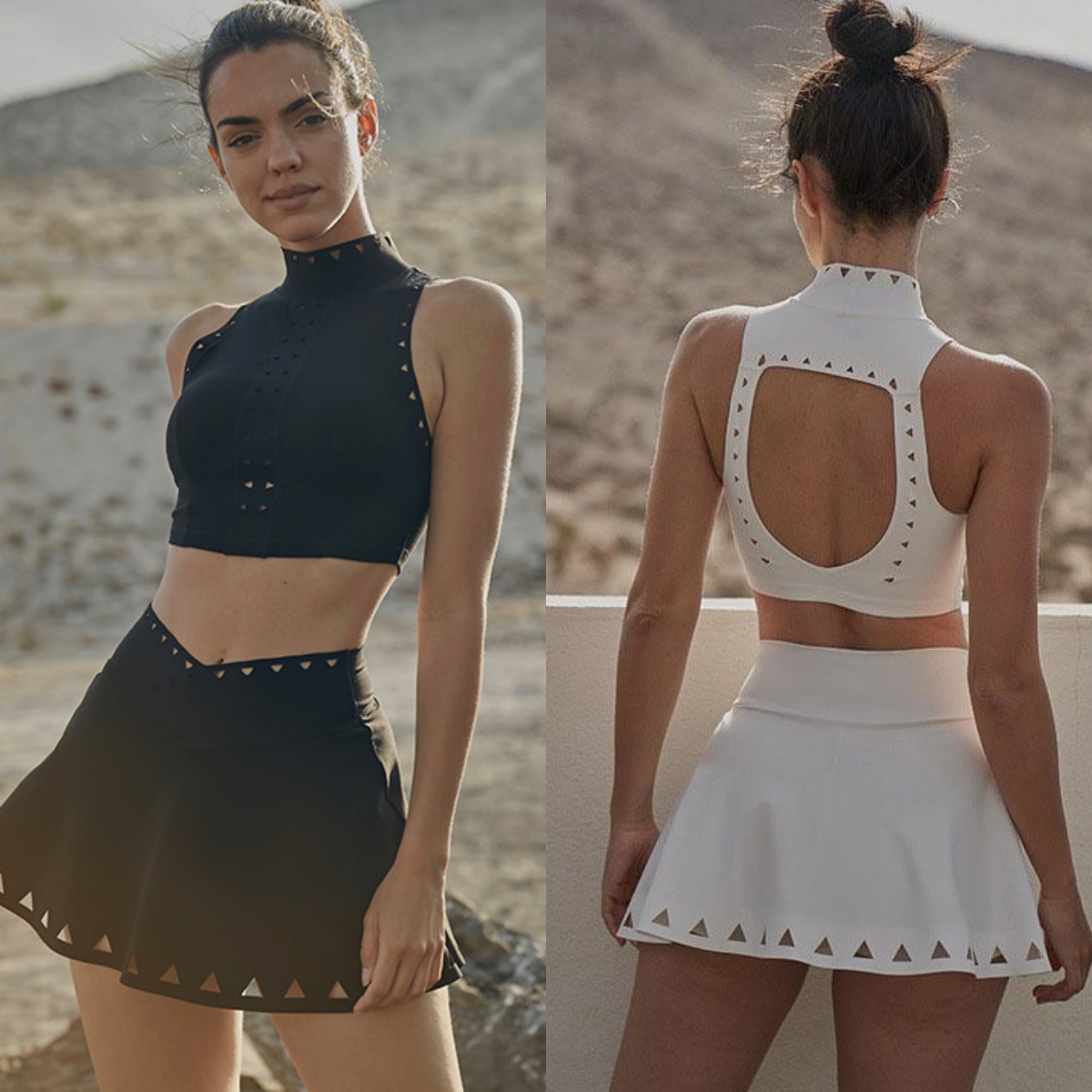 A88 Womens Beauty Back Hollow Fitness Clothes Tennis Suit Triangle Hole Sports Vest Cross Waist Skirt Yoga Clothes