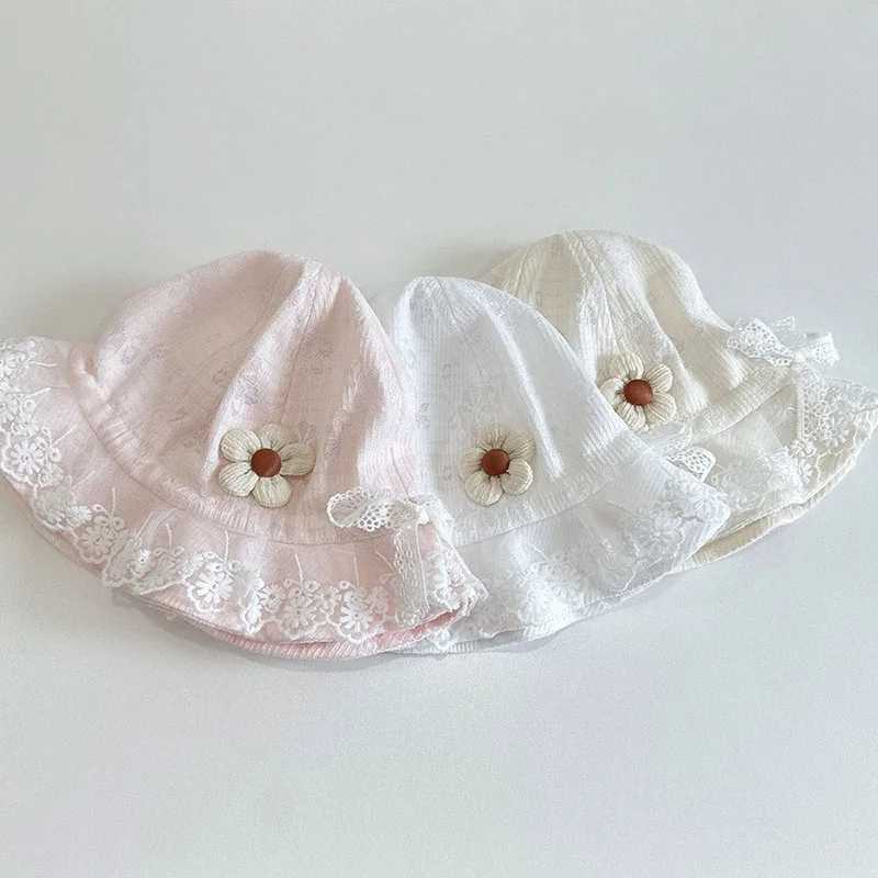 Princess Girl Lace Basin Hat Soft Cotton Baby Sunshade Fisherman Hats 3-8Month Newborn Sunscreen Bucket Cap Sweet Flower Visors R250512