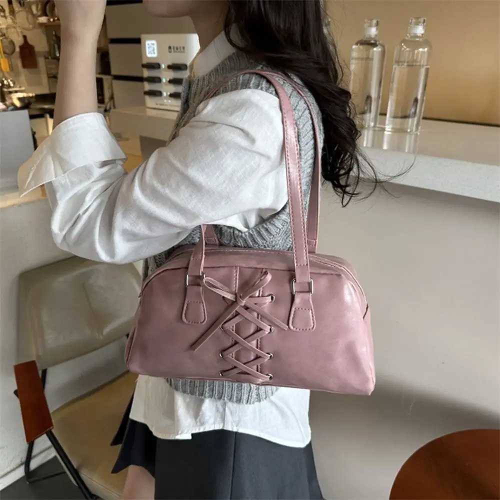 French Style Bow Ribbons Bowling Bag Elegant PU Leather Boston Shoulder Bag Large Capacity Casual Women Handbags Underarm BagW250512