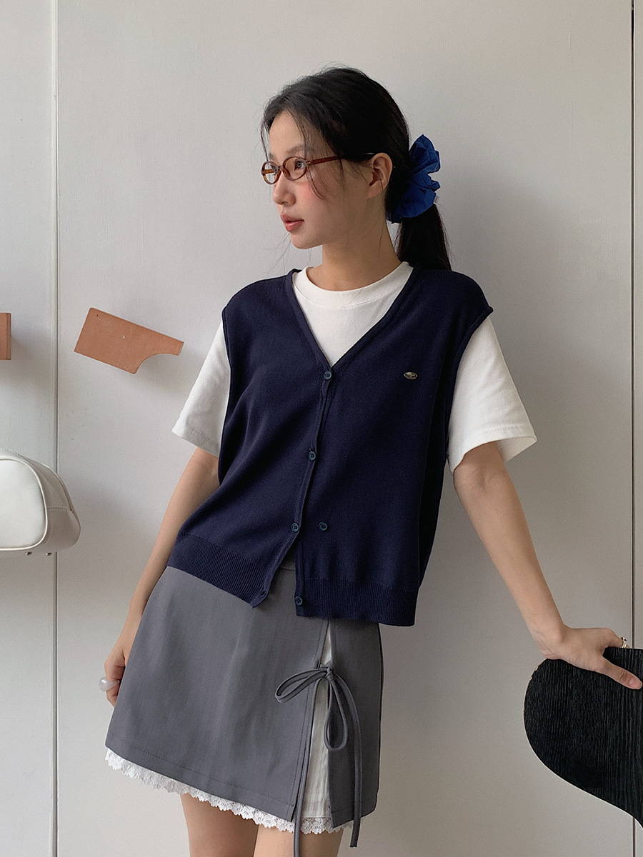 SL240 Korean style fake two-piece stitching short-sleeved knitted sweater for women