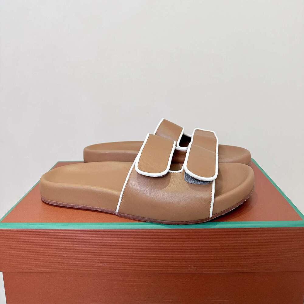 Women Size35-46 Genuine Leather Couple Slippers Summer Slides Solid Colors Leisure Flat Designer Shoes Zapatillas De Mujer