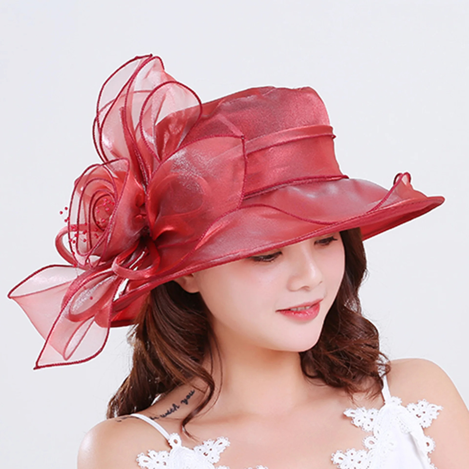 1Pc Women Organza Mesh Hat Ruffles Wide Brim Summer Bridal Sun French Europe And America Exquisite Party Cap Beach 250512