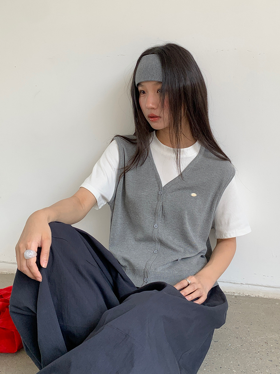 SL240 Korean style fake two-piece stitching short-sleeved knitted sweater for women