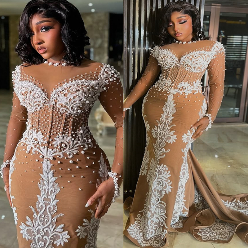 2025 Plus Size Brown Aso Ebi Prom Dress Mermaid Prom Dresses Evening Formal Gowns Sheer Neck Long Sleeves Pearls Lace Birthday Dress Second Reception 