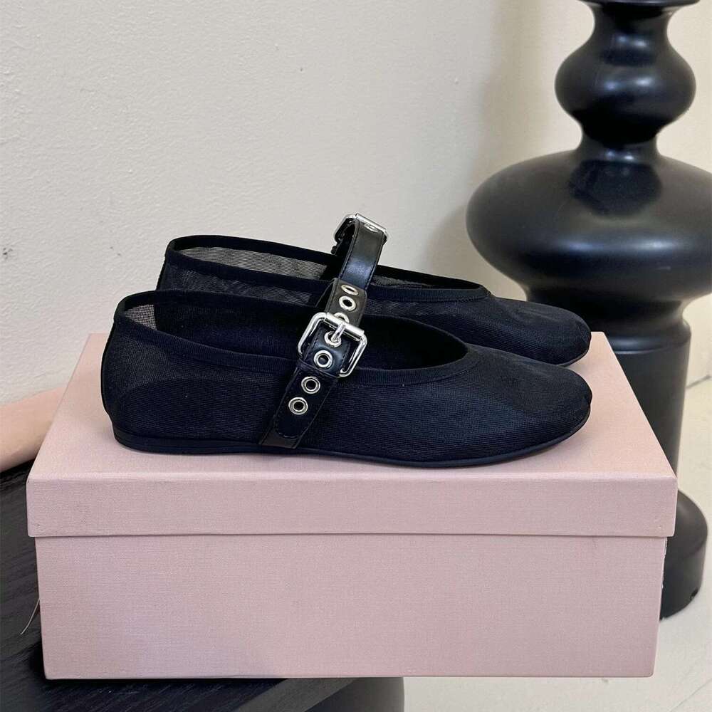 Women Mesh Flats Mary Jaens Genuine Leather Round Toe Buckle Strap Solid Colors Leisure Designer Shoes Zapatillas De Mujer