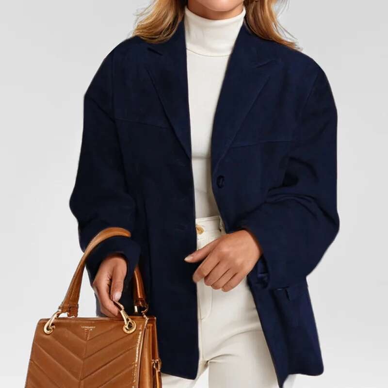 Autumn Winter Woomen Suede Jacket With Lapel Woman Casual Single Breasted Pocket Long Sleeve Short Coat Street Overcoat