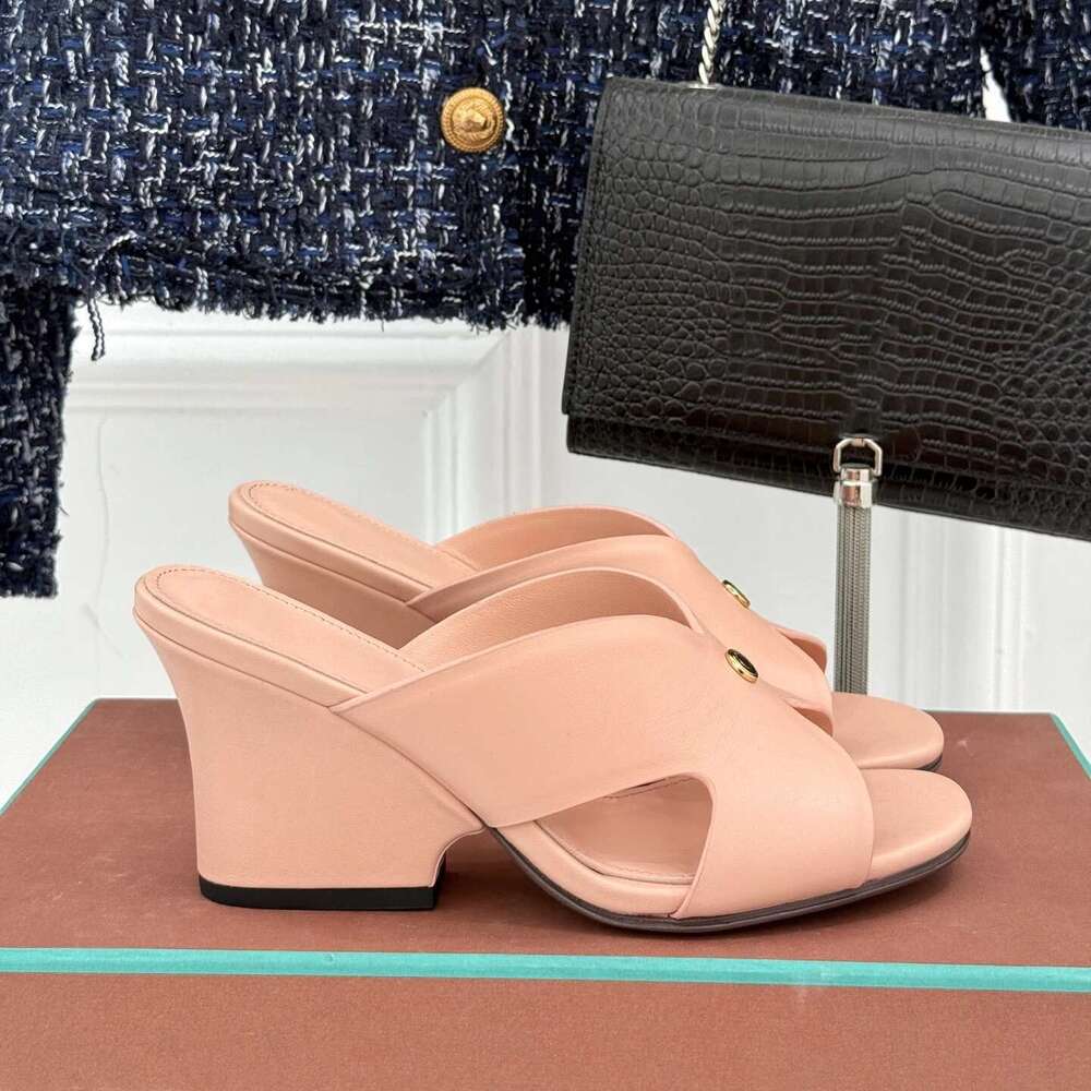 Women Size35-41 Genuine Leather Slippers Super High Heels Summer Slides Solid Colors Designer Shoes Zapatillas De Mujer