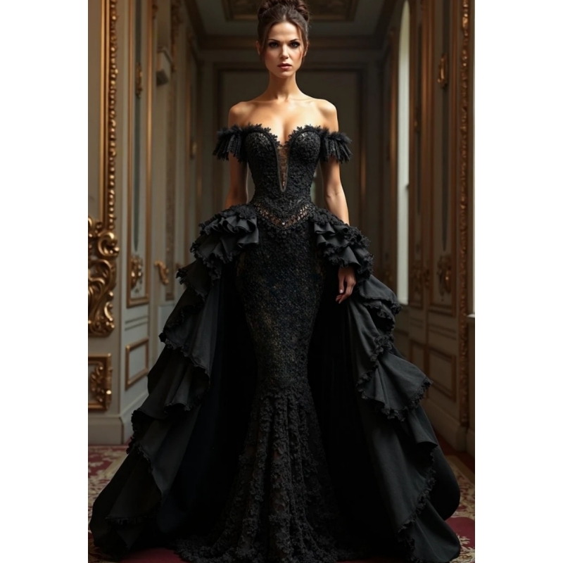 Vintage Black Lace Prom Dresses With Detachable Overskirt Off Shoulder Long Gothic Evening Gowns Sweetheart Corset Mermaid Special Occasion Dress
