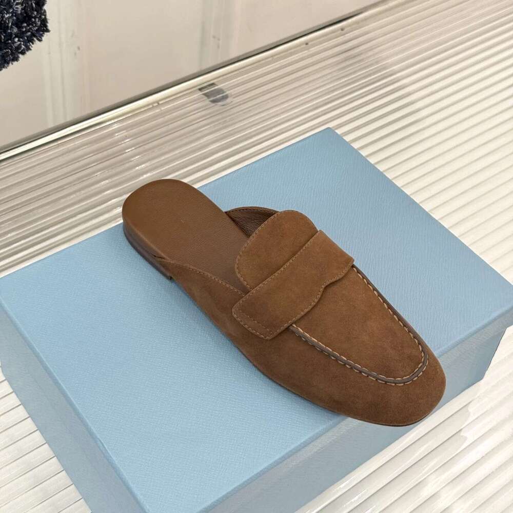 Women Size35-41 Natural Cow Suede Mules Low Heels Square Toe Slides Solid Colors Retro Designer Shoes Zapatillas De Mujer